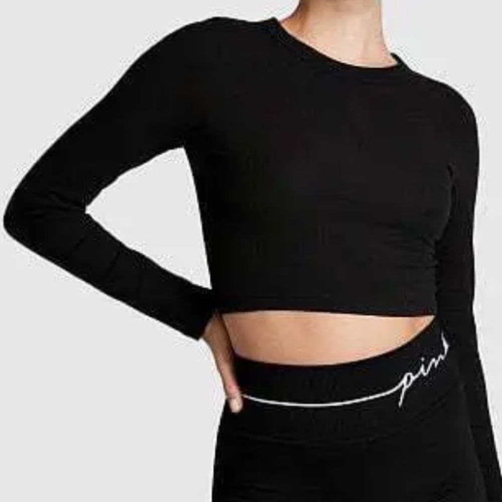 PINK Ribbed Long-Sleeve Black Crop Top Size Women Large